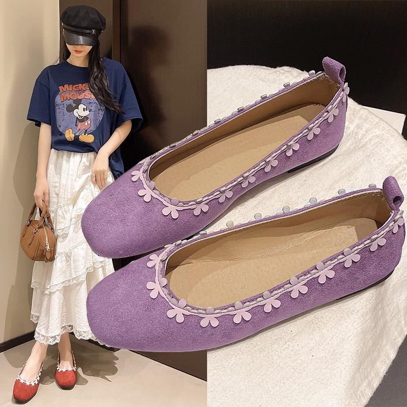 Мода 2025 Серебристый Новый Круглый Носок Цветок Неглубокий Вырез Слипоны Балетки Французская Мягкая Подошва Китайские Мэри Джейн Одинарные Туфли