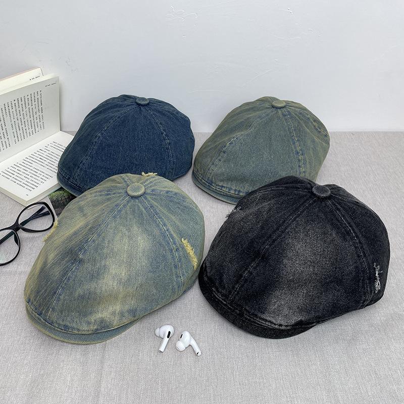 Шапка женская весна и осень стираный джинсовый берет британский винтаж универсальный восьмиугольный утиный язычок вперед кепка газетчика мужской