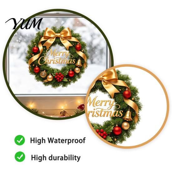 Christmas Window Clings Wreath Stickers, Retro Santa Claus PVC Decals, Waterproof Decorative Wall Stickers Static for Holiday Home Glass Doors