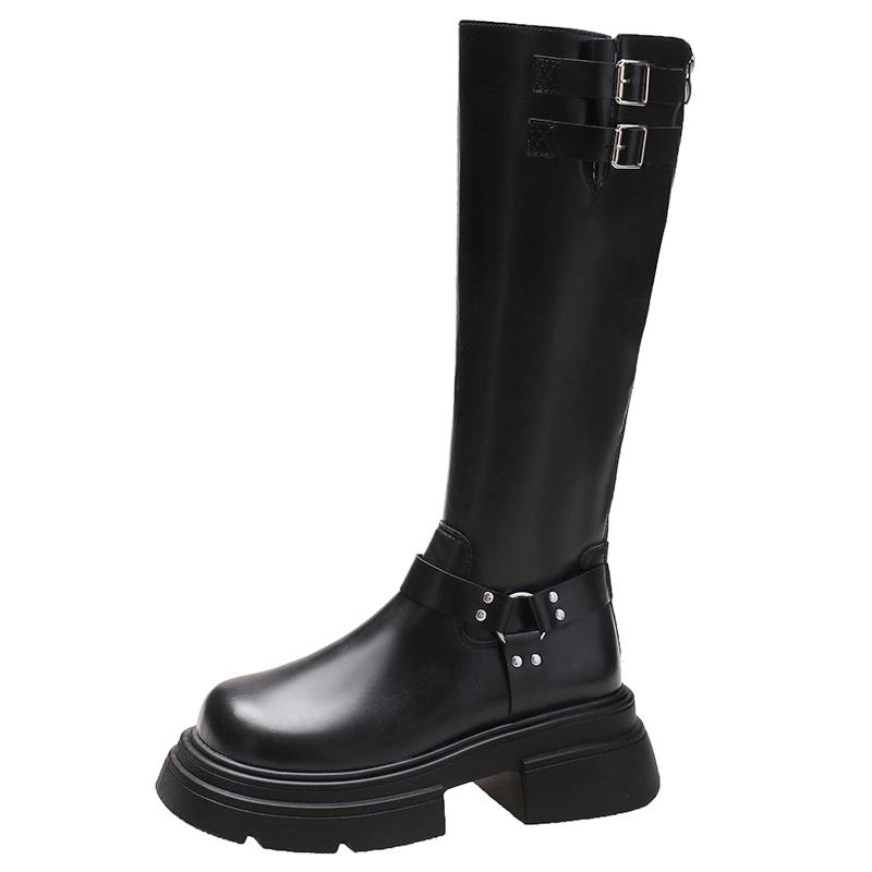 2024 Горячая Распродажа Зимние Высококачественные Женские Сапоги Однотонные Круглые Носки Средний Каблук Золотая Пряжка Молния Женские Высокие Сапоги