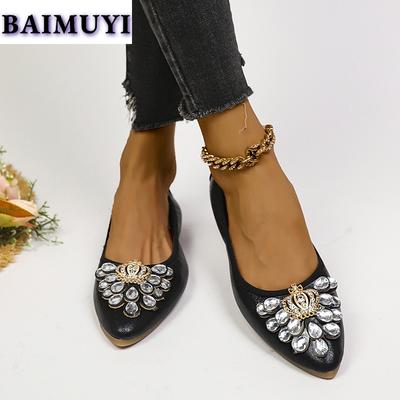 Женские туфли-лоферы на плоской подошве с острым носком и кристаллами, тренд 2025 года, сексуальные новые роскошные туфли из неглубокой кожи, элегантные дизайнерские туфли Mujer Zapatos