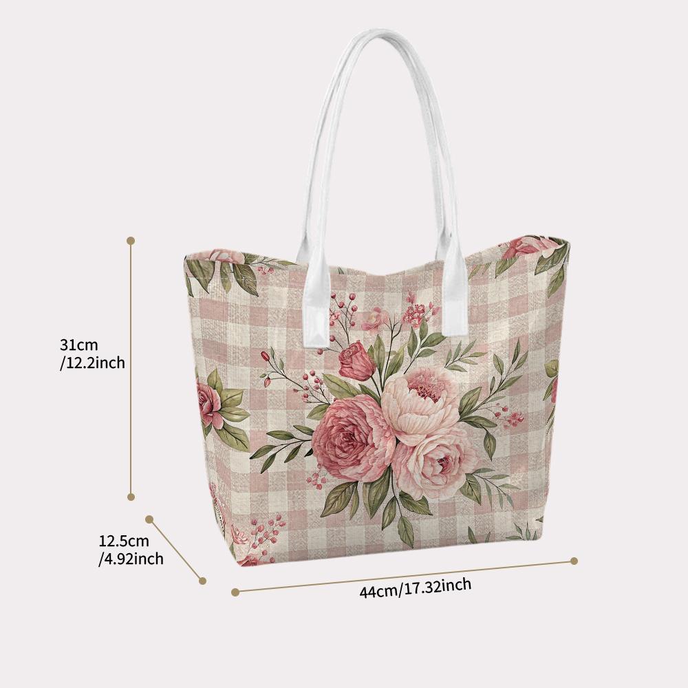 Women Floral Plaid Tote Bag Casual Large Capacity Handbag for Daily Shopping Work Travel