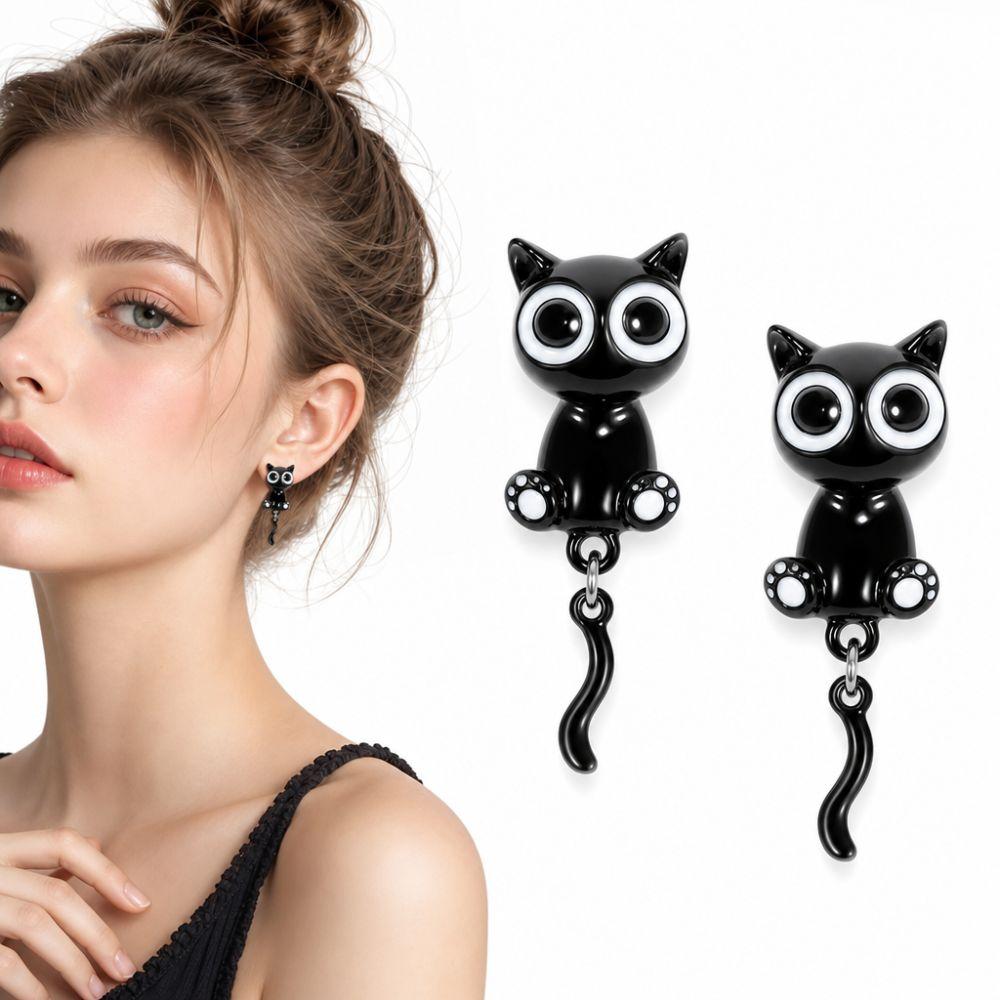 Sweet Black Cat Drop Earrings Alloy Light Luxury Earrings Black Kitten Earrings For Girl Women