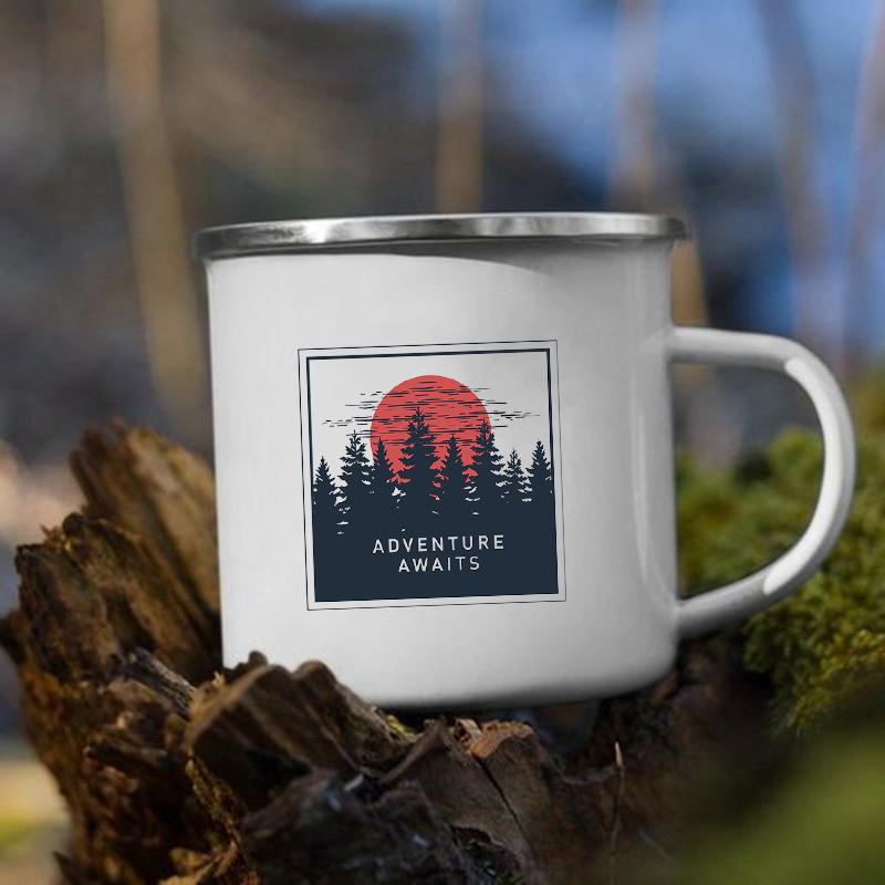 Mountain Camping Adventure Print Enamel Creative Coffee Water Milk Cups Camping Mugs Handle Drinkware Vacation Hiking Mug Gifts