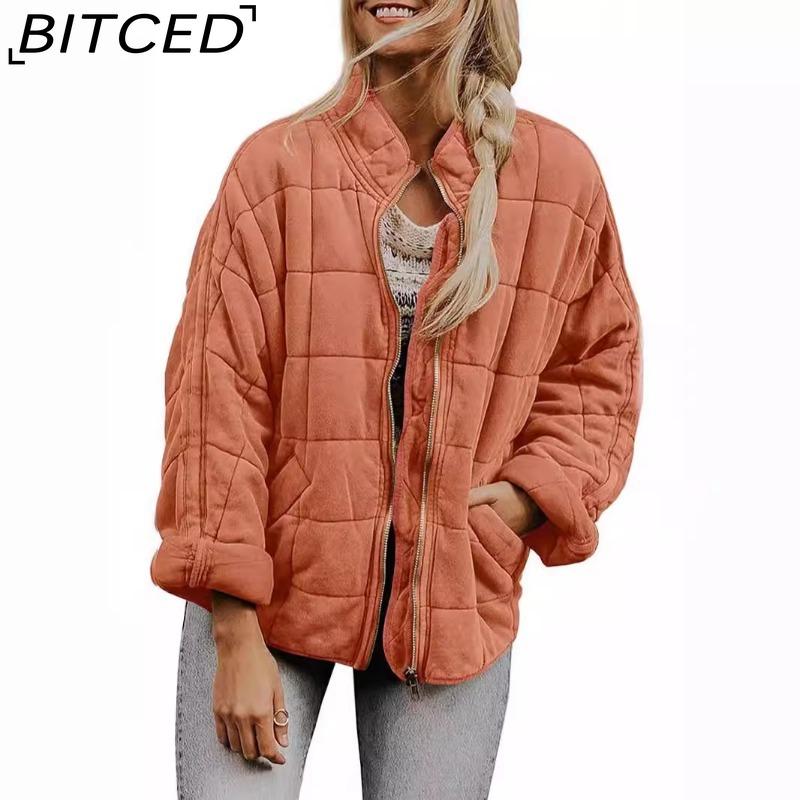 BITCED Solid Colour Stand Collar Cotton Coat - Women's Loose Fit Long Sleeve Pocket Jacket