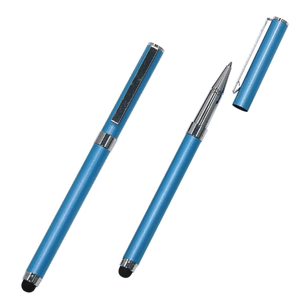 Blue Grained Leather Business Card Holder with Slide Measuring Smartphone Touch and Metal Cap Ballpoint Pen Extra Set Stick, Function, (Blue