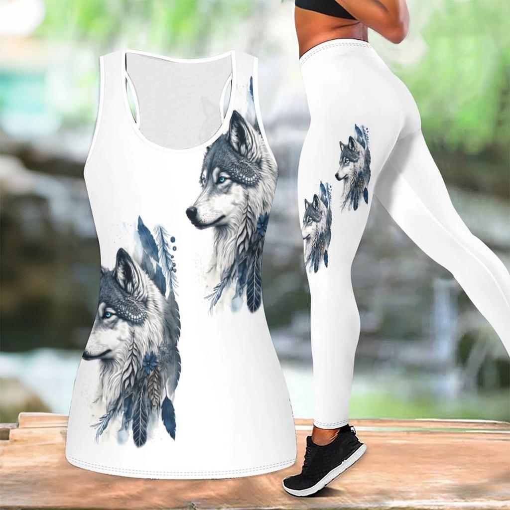Йога-комплект с принтом «Тотем волка» для женщин Модные леггинсы для тренировок Фитнес Спортивный повседневный набор для йоги Спортивный костюм