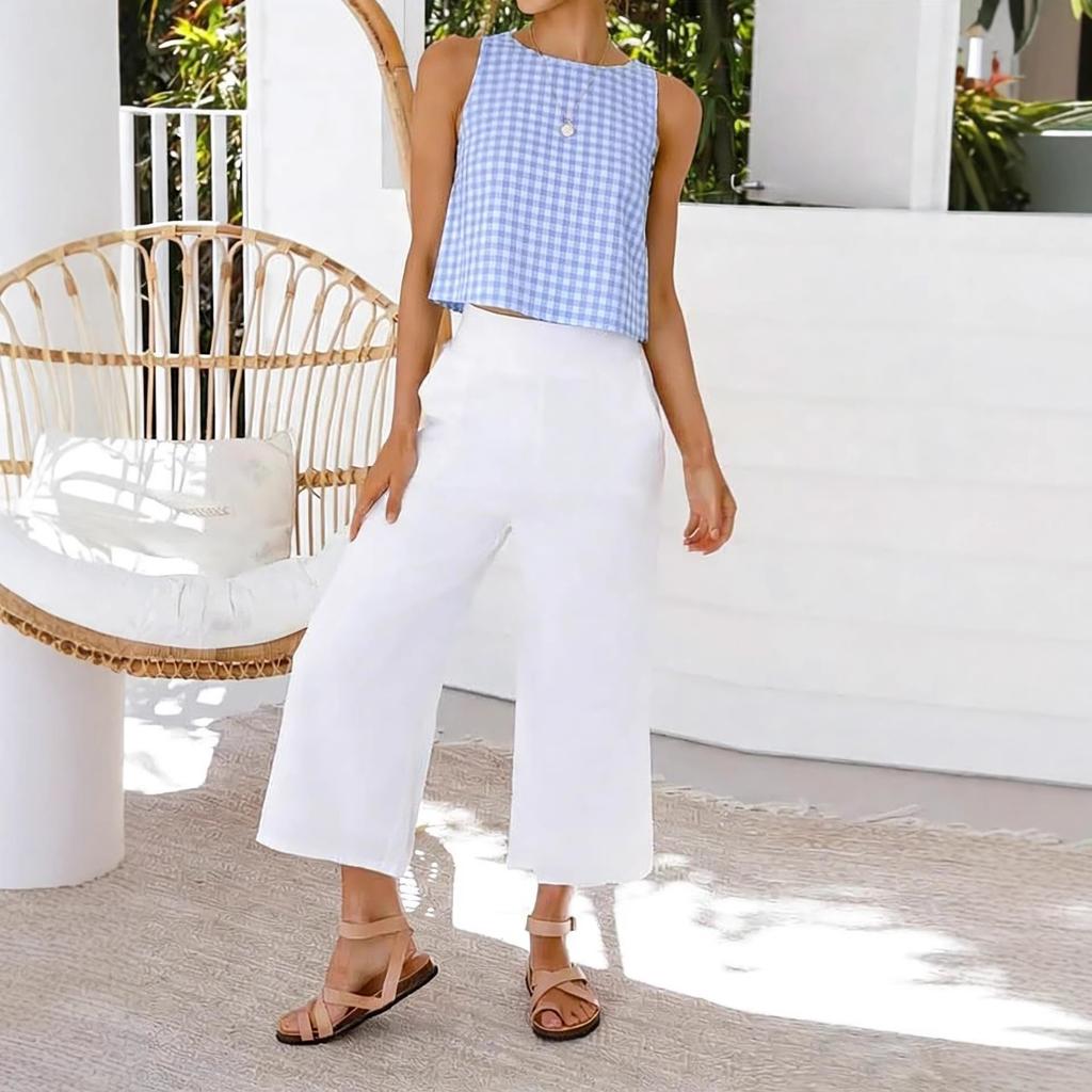 Summer New Women's Buttoned Crew Neck Sleeveless Plaid Cropped Tank Top for Leisure