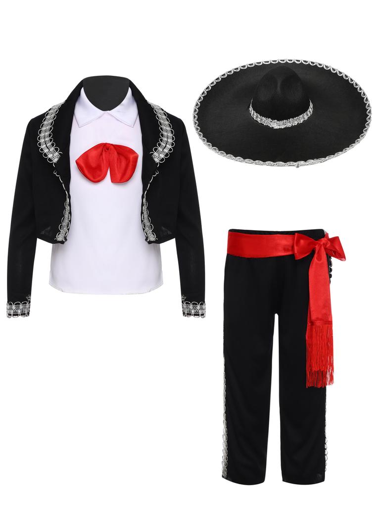 Детский традиционный костюм мариачи, набор из 5 предметов, включая жилет, брюки, куртку, пояс и шляпу для Хэллоуина, мексиканского косплея, выступления