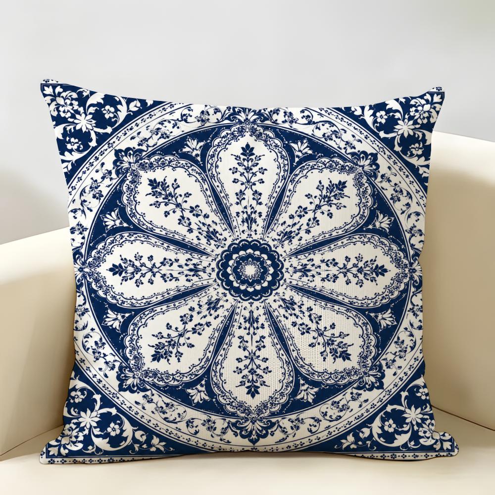 Ethnic Style Blue Floral Pattern Cushion Cover Durable Hypoallergenic Organic Linen Pillow Cover Washable SkinFriendly