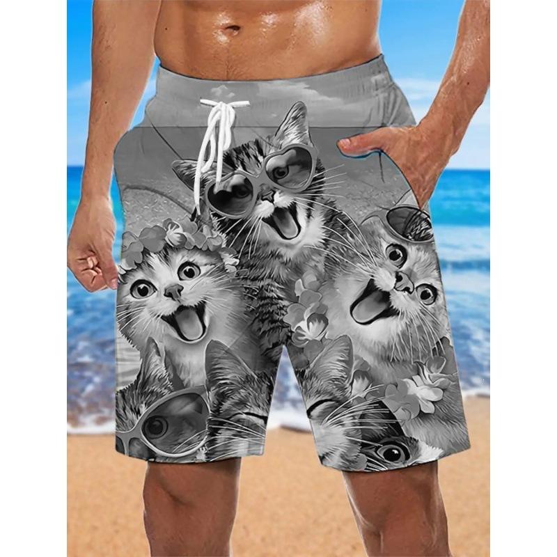 Men's Beach Shorts Summer Surfing Shorts Cat Pattern Casual Sports Shorts Men's Beach Shorts