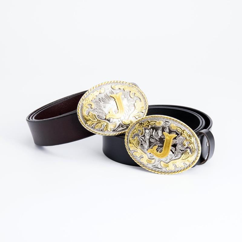 Whole Cowhide Retro Men's Belt Letter L Gold and Silver Two-color Oval Buckle Belt Men