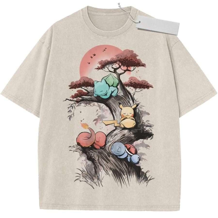 Beige Unisex Pure Cotton Washed Short Sleeve Sports T Shirt Vintage Anime Pikachu Cosplay Style Ninja Print