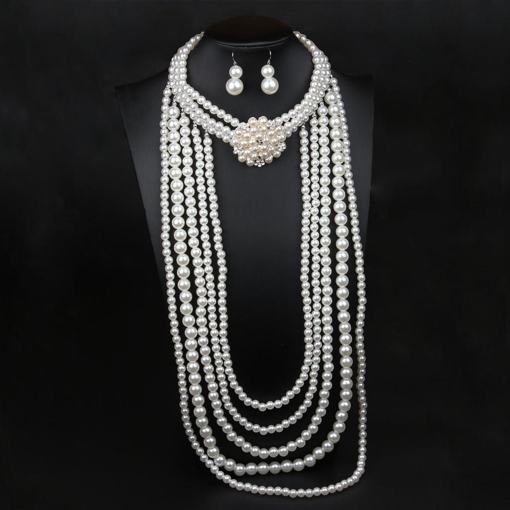 Multi-Layer Exaggerated Diamond-Encrusted Flower Pearl Necklace Earrings Set Women'S Long Sweater Chain