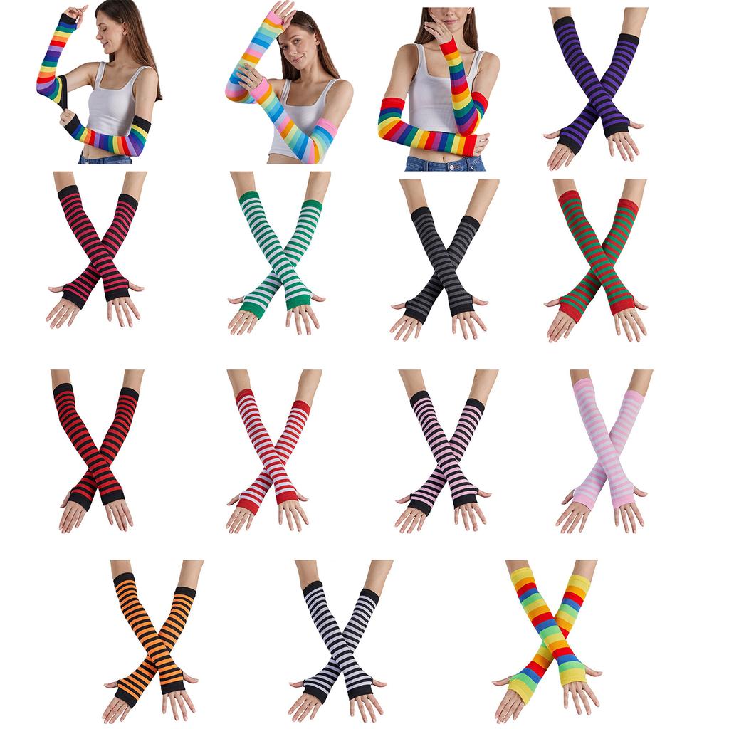 Colorful Stripe Fingerless Gloves for Women Fashion Arm Sleeves Christmas Party Decorative Rainbow Gloves for Teens Girl