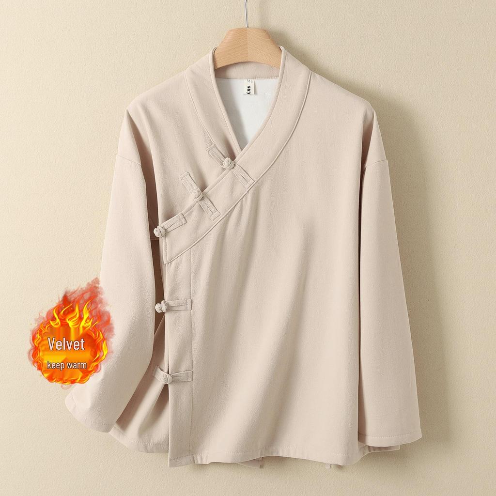 Women's Autumn/Winter Cotton Linen Hanfu: Velvet-Lined Chinese Style Long Sleeve Cardigan Monk Robe for Tea Ceremony