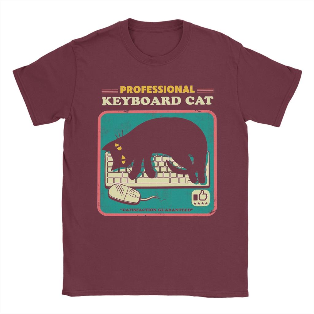 Funny Cat Playing Computer Games Keyboard T-Shirt for Men Round Collar Cotton T Shirt Short Sleeve Tee Shirt Printed Tops
