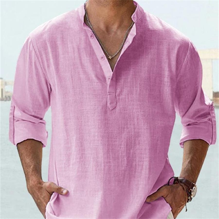 Мужская свободная однотонная льняная рубашка с длинным рукавом и воротником-стойкой, повседневные мужские белые, черные рубашки для мужчин, блузка