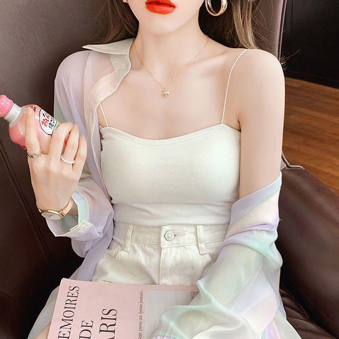 Радужная повседневная тонкая женская одежда с воротником-поло, шифоновая однобортная женская одежда с открытой строчкой, весна-лето, молодежная одежда больших размеров