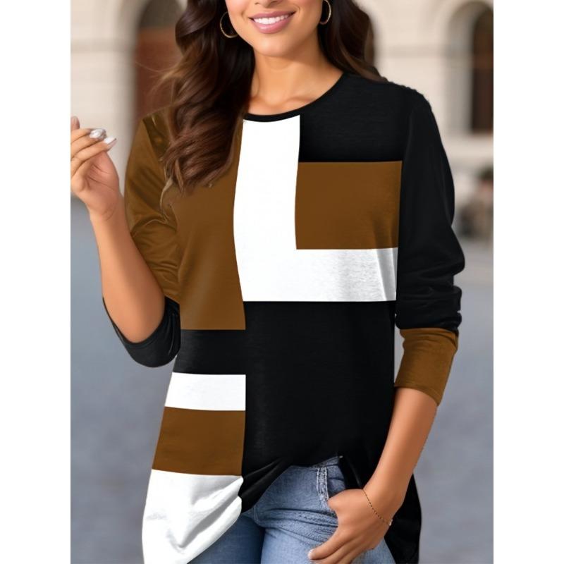 QICED Весна Осень Женская мода Позиционирование Печатная О-образная горловина Длинный рукав Футболка