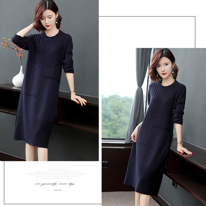 Large Size Knitted Dress In The Long Section Was Thin Temperament Base Dress Pure Color Simple Middle-aged Women Sweater Dress