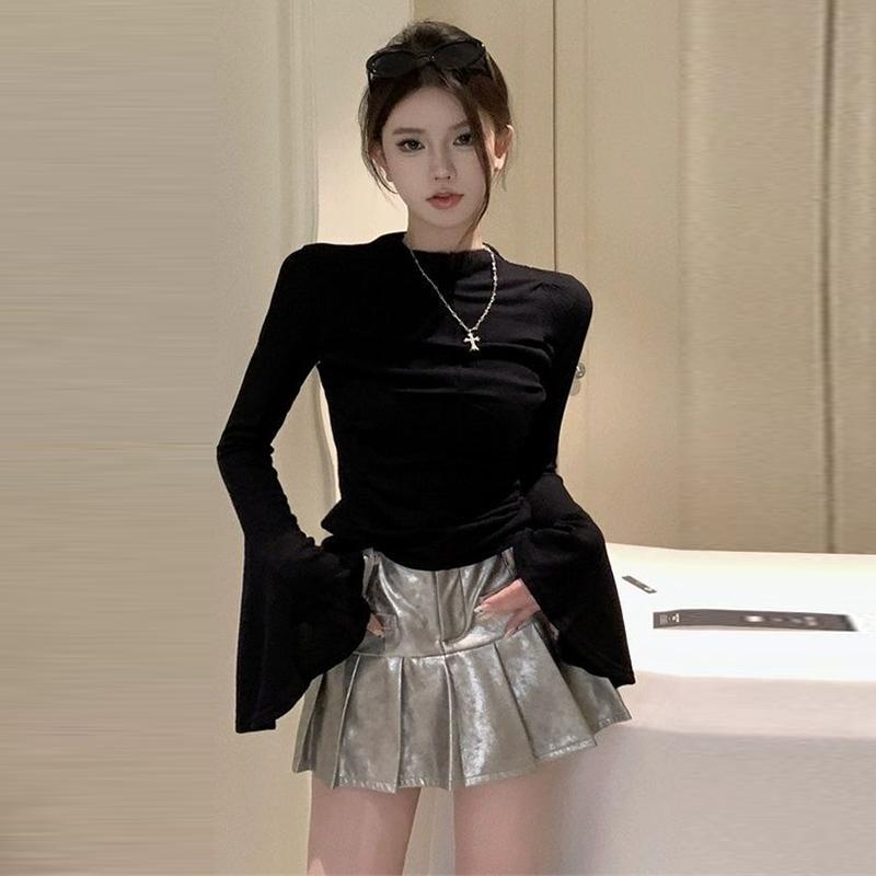 Женская мода расклешенные рукава футболки пэчворк простые досуг женские элегантные тонкие пуловеры топы