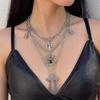 Dark Gothic Cross Spider Beaded Layered Necklace for Women Statement Multi Strand Necklace Night Out Accessories