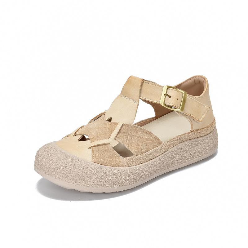 Johnature Round Toe Hollow-out Flat Sandals Genuine Leather Breathable And Comfortable Women's Shoes