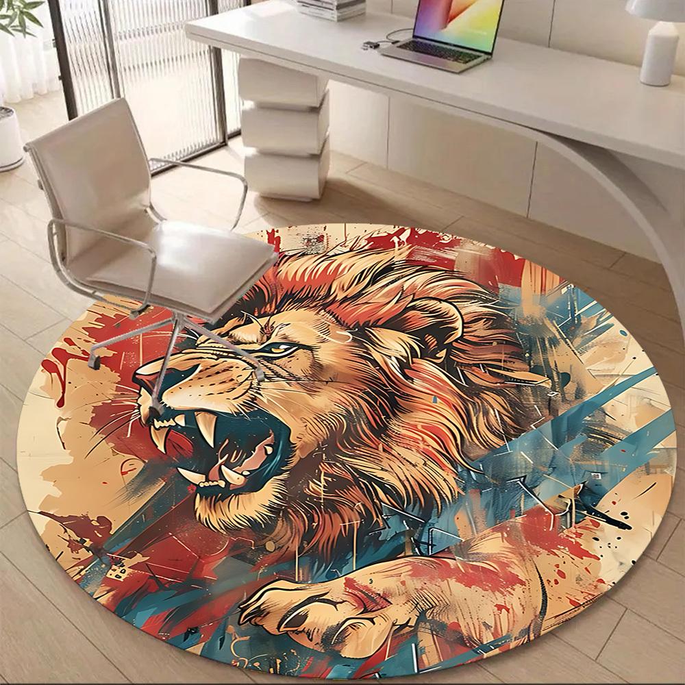 1PC Lion Roar Office Round Area Rug, Mat Suitable ForOffice, Under Office Chairs Bedroom Living Room Home Decor, Room Deco