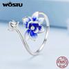 WOSTU Настоящее серебро 925 пробы, уникальные открытые кольца в форме лотоса для женщин, синяя эмаль, эффектное кольцо с цветком, ювелирное изделие для свадебной вечеринки, подарок