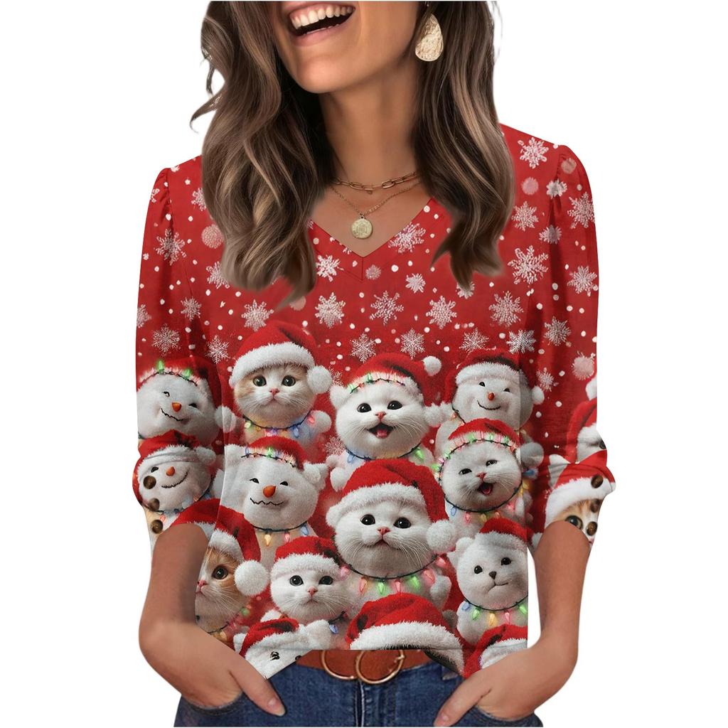 Женский модный повседневный топ с V-образным вырезом и рождественским принтом