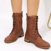 2025 Autumn and Winter New Large Size Side Zipper Strap Round Head Solid Color Flat Bottom Casual Martin Boots PU Foreign Trade