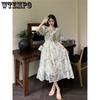 Summer Dress Chiffon Floral Dresses Women Summer Square Neck Bubble Sleeve Mid-length Paragraph Waist Dress
