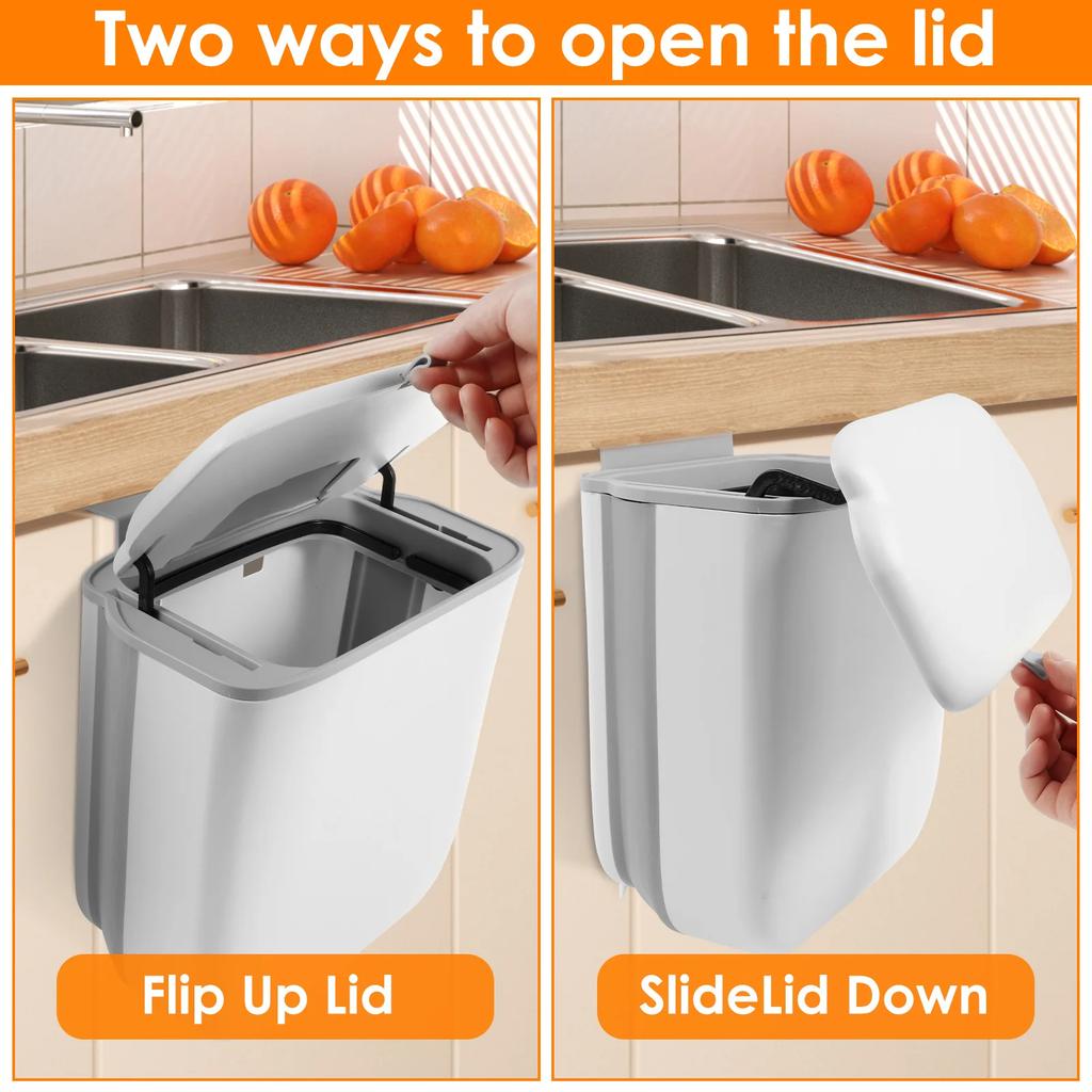 Hanging Trash Can Kitchen Food Compost Bin with Lid and Hidden Scraper Space Saving Foldable Wall Mounted Garbage Can for Home