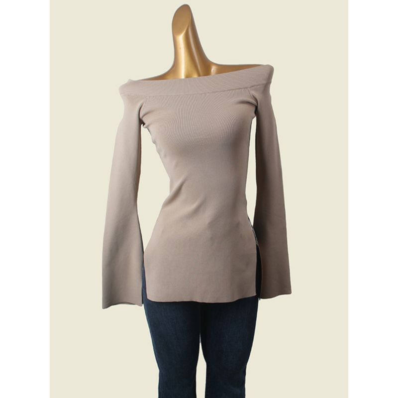 French Style Design off-the-Shoulder Sweater Fashion Wind Flare Sleeve Sexy Clavicle Sexy Autumn Undershirt