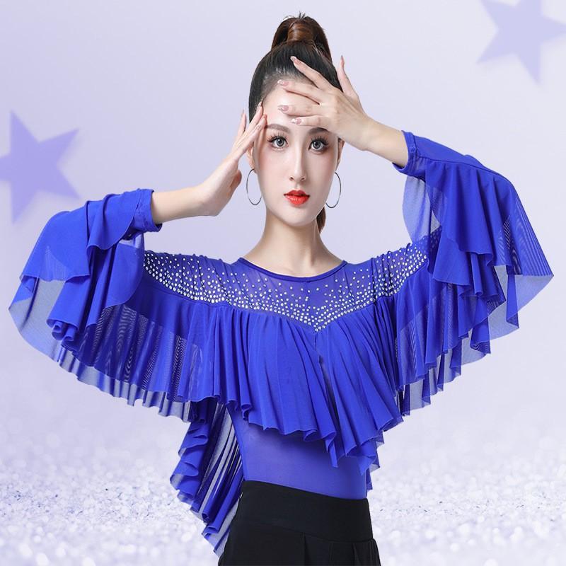 Womens Latin Dance Top With Rhinestone Trim Ruffled Hem Mesh Fabric Ballroom Square Practice