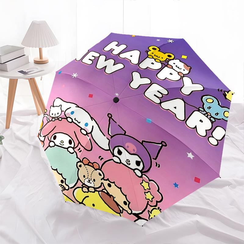 1pc Hello Kitty Happy New Year! Automatic Opening/Closing Umbrella with Convenient Three-Fold Design, 8-Bone Iron Frame Outdoor Umbrella, Perfect Gift