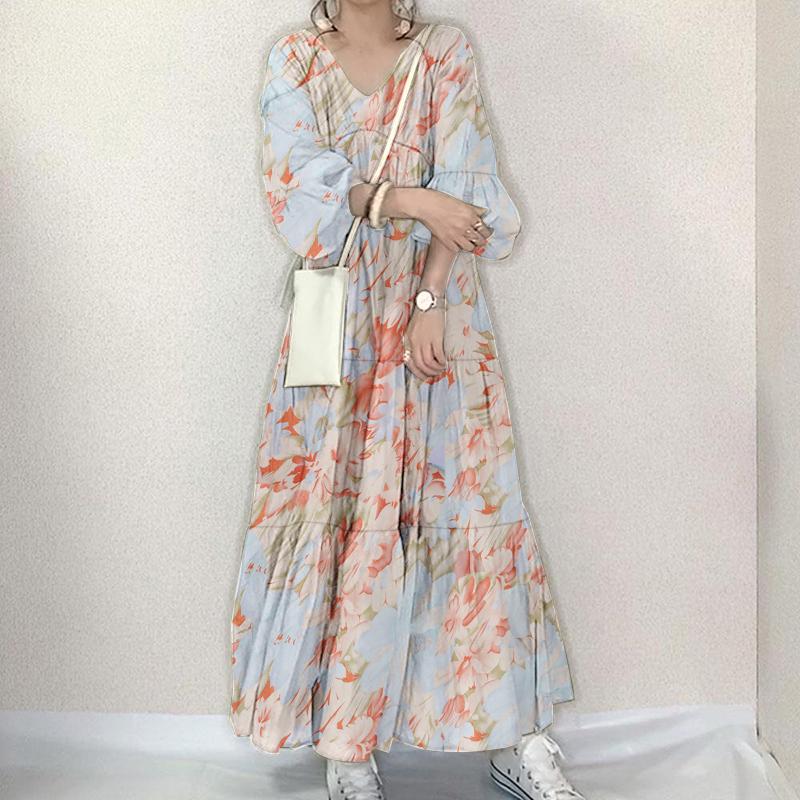 ZANZEA Women Casual V-neck Floral Print Long Sleeve Long Dress