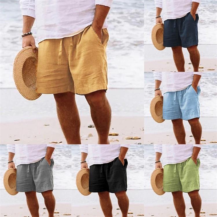 Men's 2025 Summer Cotton Linen Shorts - Elastic Waist, Straight Leg, Breathable Solid Color Casual Beach Mid-Length