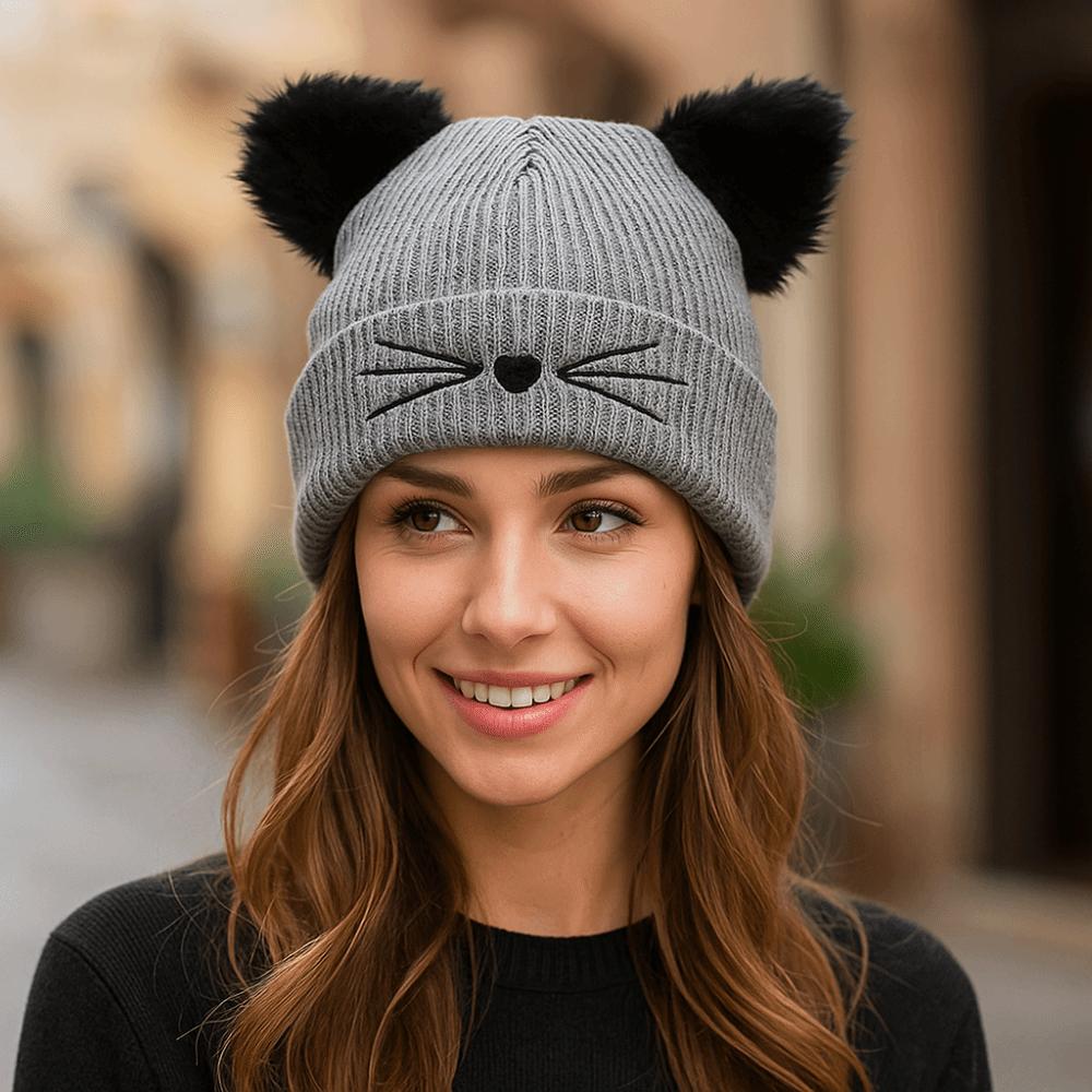 Warm Knitted Pullover Hat Solid Color Cold Hat Cute Cat Ears Beanies Winter