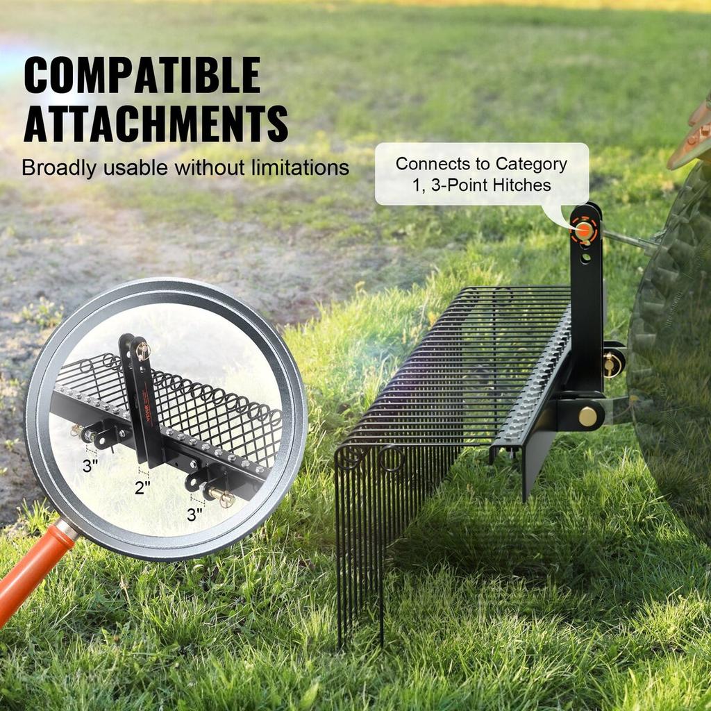 Tow Behind Landscape Rake 72" Lawn Dethatcher Rake with 32 Steel Tines