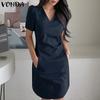 Летние женские элегантные платья с V-образным вырезом и коротким рукавом, с заниженной талией и карманами
