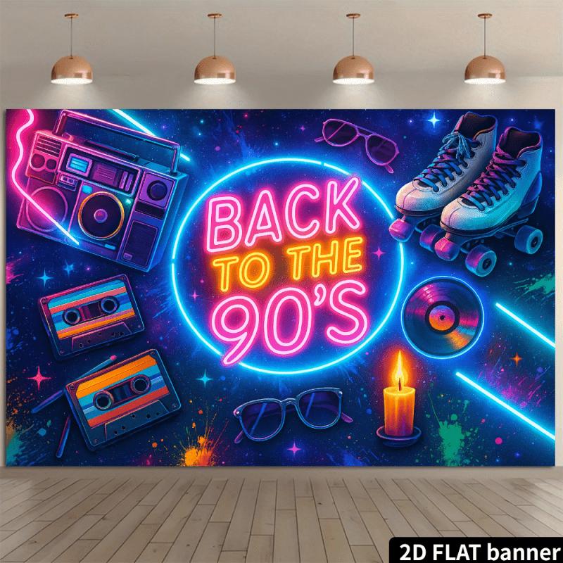 2D Flat Banner - Retro 90s Background Fabric - Neon "BACK TO THE 90'S" Text + Tape Decoration