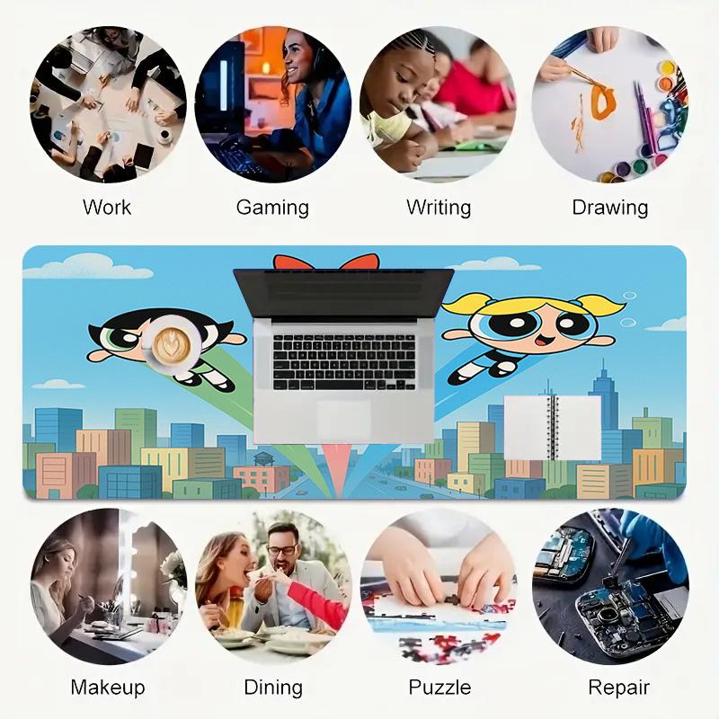 Powerpuff Girls Xl Gaming Mouse Pad Nonslip Rubber Base Stitched Edge Waterproof Desk Mat For Pc Laptop Gamer Office Computer Accessories C929824