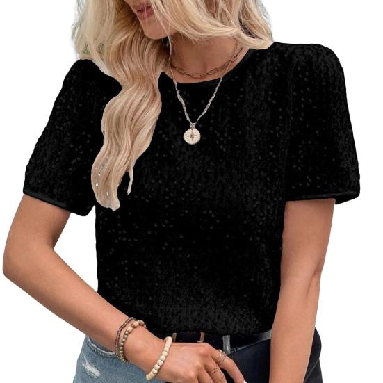 Yousheng женские топы с круглым вырезом и коротким рукавом, блестящие пайетки, украшенные футболки, стандартный крой, повседневная одежда