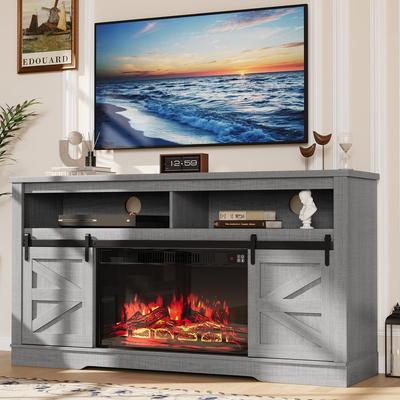 ТВ-тумба с камином для телевизора до 65 дюймов с хранением и раздвижными амбарными дверями в стиле фермерского дома, развлекательный центр с тумбой