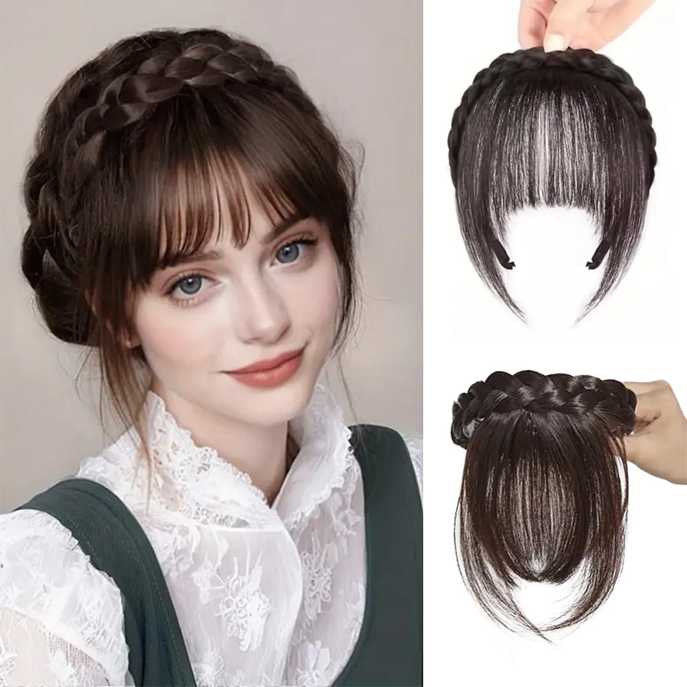 MERISIHAIR Синтетический короткий лобный чехол, невидимая густая натуральная челка, элегантная женская плетеная повязка на голову с челкой
