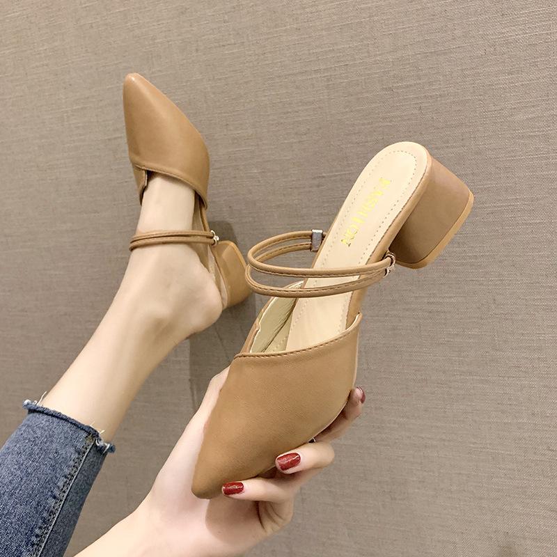 Baotou Sandals Women's Summer Outer Wear Women's Skirt Temperament Thick Heel Pointed Half Slippers Single Shoes High Heels