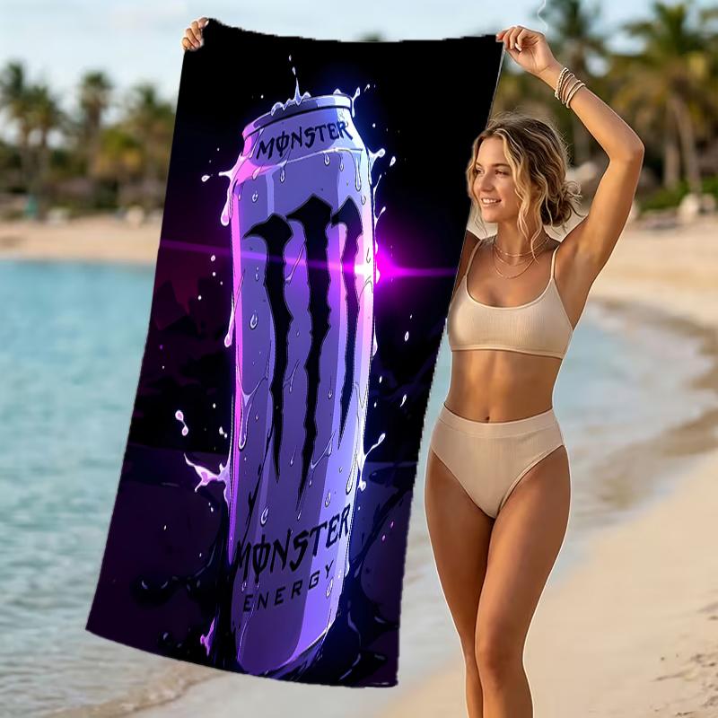 Пляжное полотенце с узором из логотипов Monster Energy - мягкое, впитывающее, можно стирать в машине. Легкое и современное, для плавания, незаменимо в путешествиях