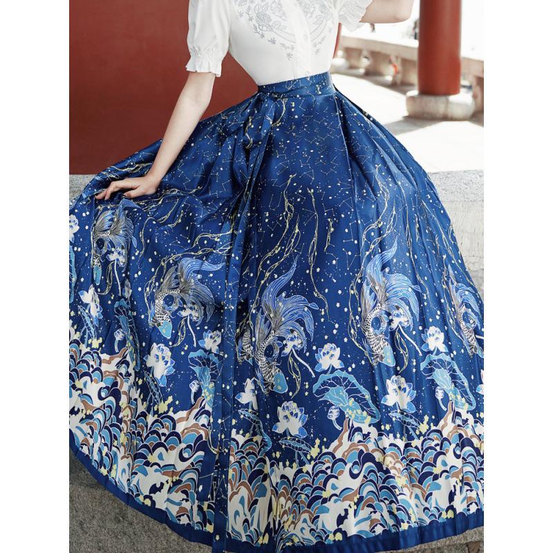 6521 Authentic Chinese Hanfu Embroidered Short-Sleeve Top & Starry Sky Satin Skirt Set